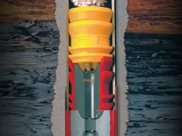 Schematic diagram of downhole cementing plugs and float collar