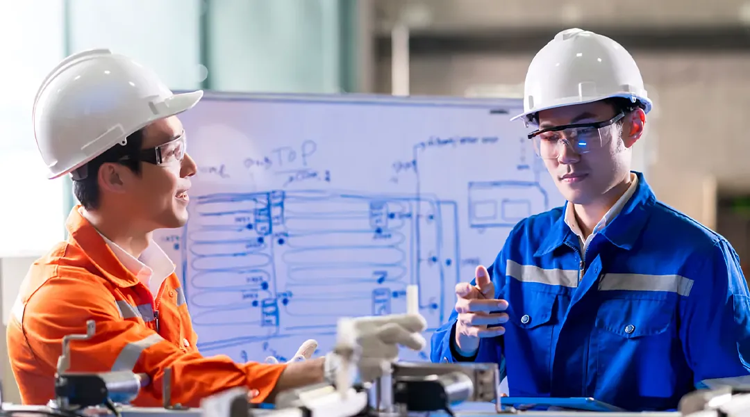 Drilling engineers discussing challenges in the office